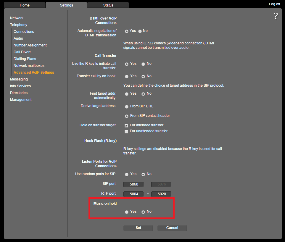 How do I switch off the on hold music that is played when callers are